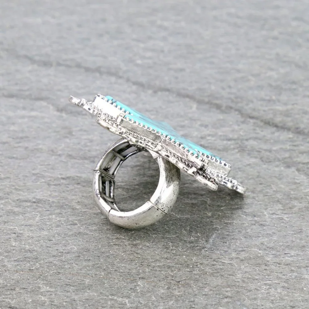 Turquoise White Black STAR Natural Stone Western Boho Style Stretch Ring Silver